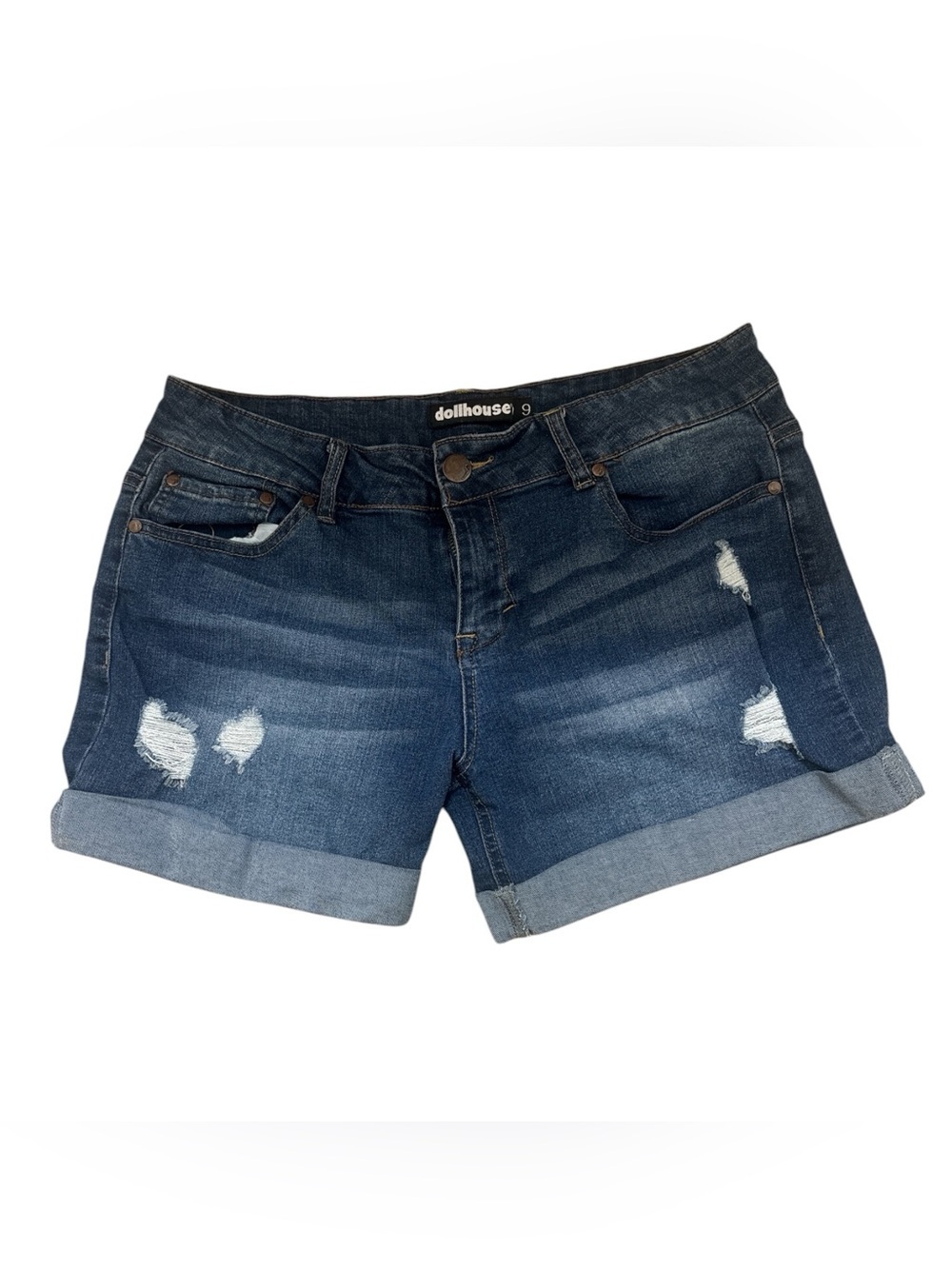 Dollhouse Indigo Distressed Cuffed Denim Shorts 046